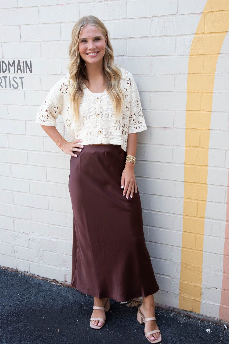Brinley Satin Maxi Skirt, Chestnut