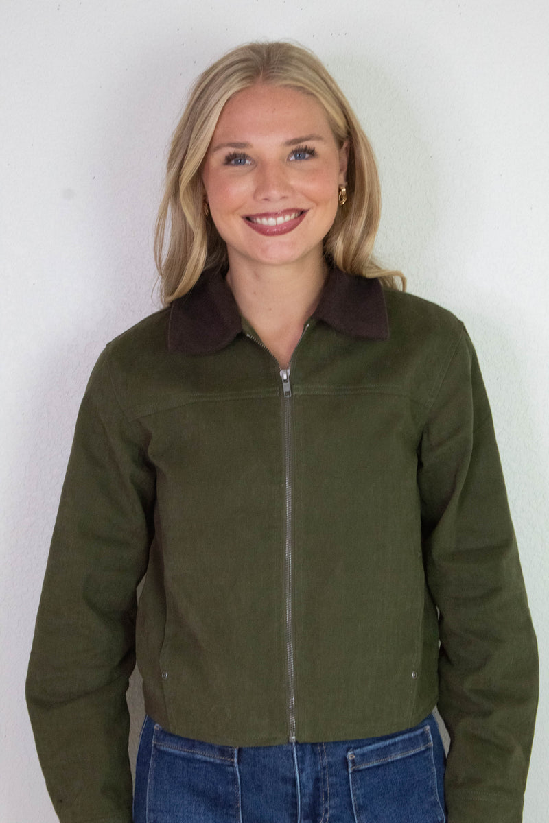 Lyla Contrast Corduroy Collar Bomber Jacket, Dark Olive