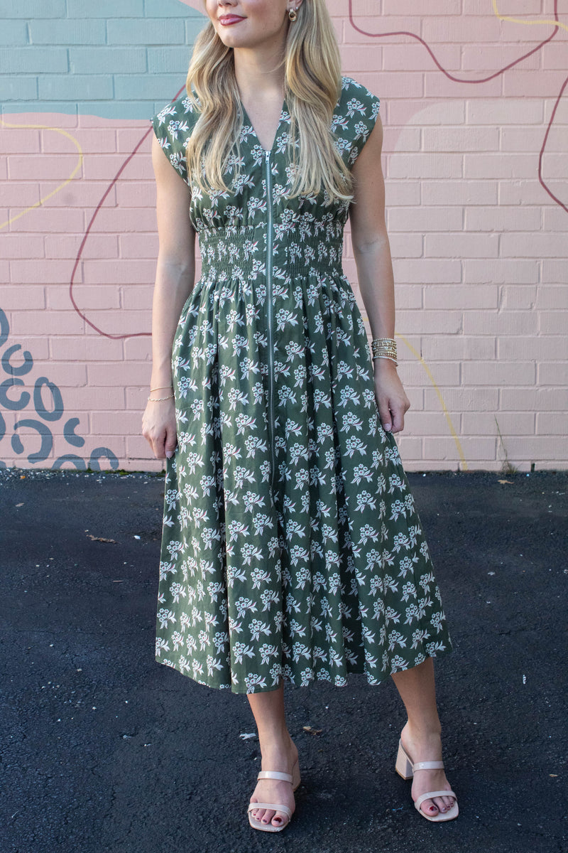 Lila Printed Front Zip Dress, Olive Green