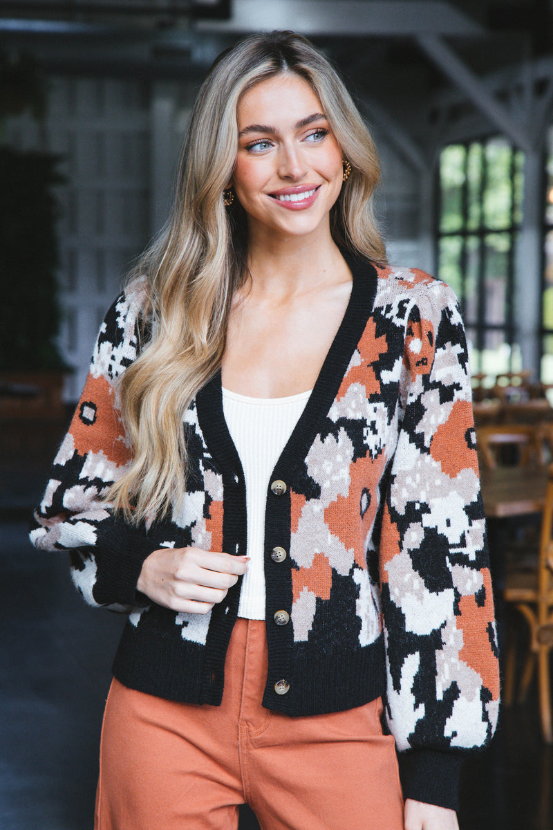 Casey Printed Button Up Cardigan, Black-Brown