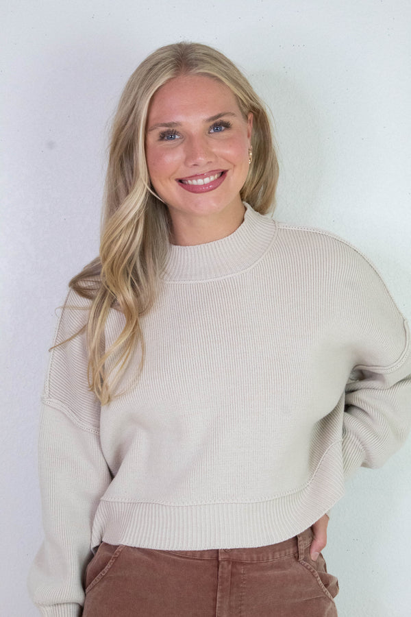 Aubrey Oversized Cropped Sweater, Sand Beige