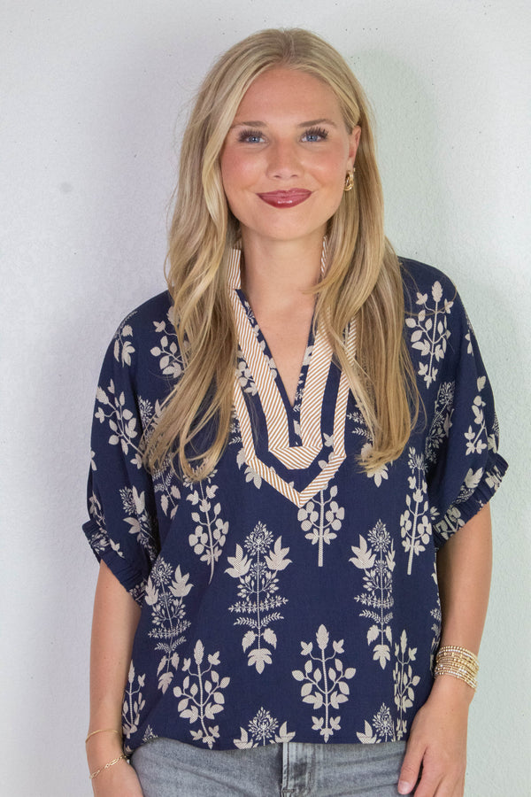 Esther Botanical Print Top, Navy