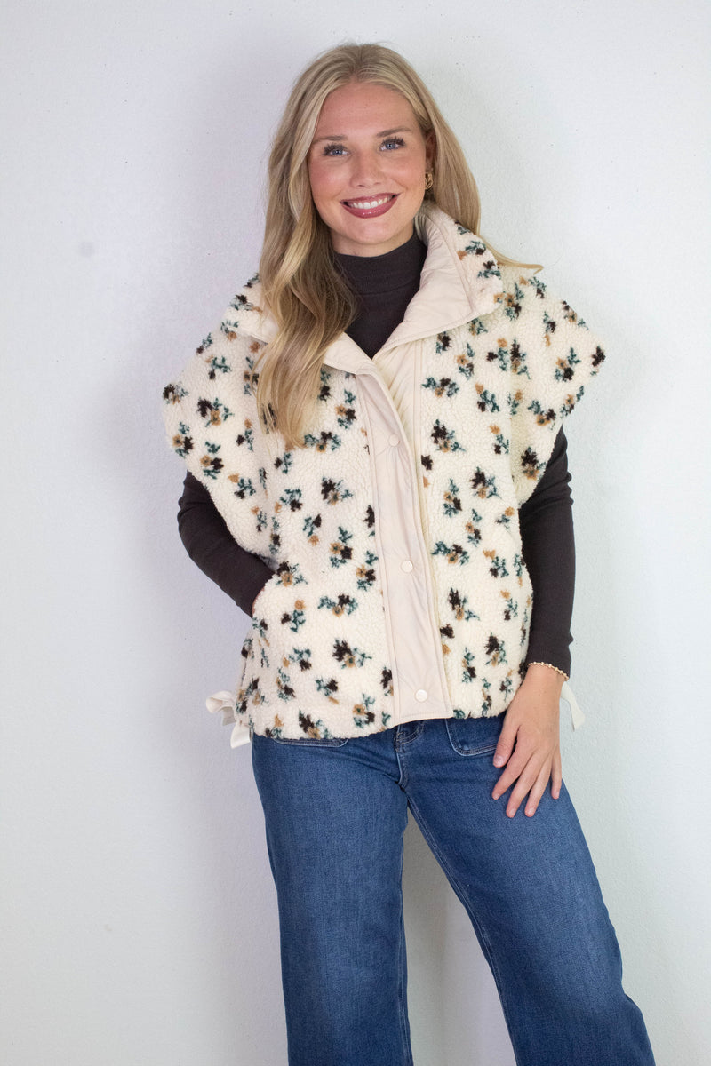 Naomi Floral Oversized Sherpa Vest, Ivory Multi