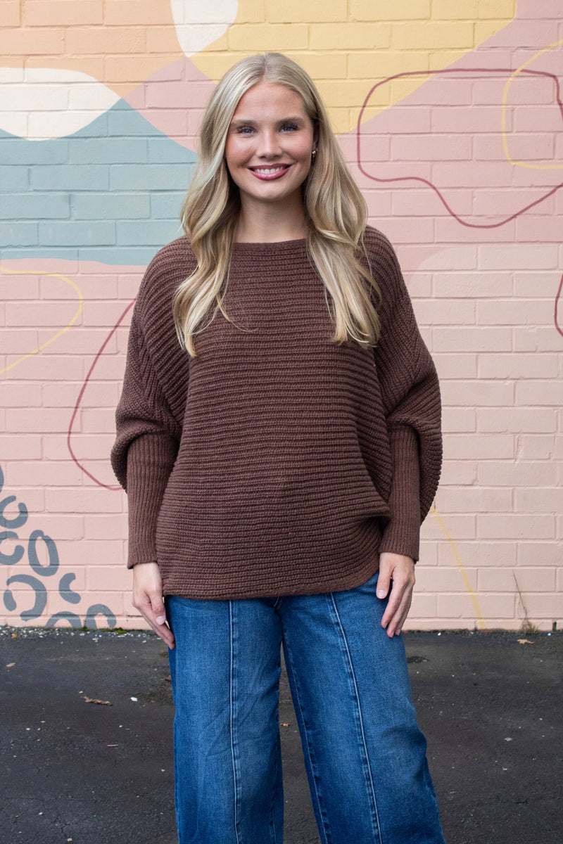 Lily Batwing Boat Neck Sweater, Brown