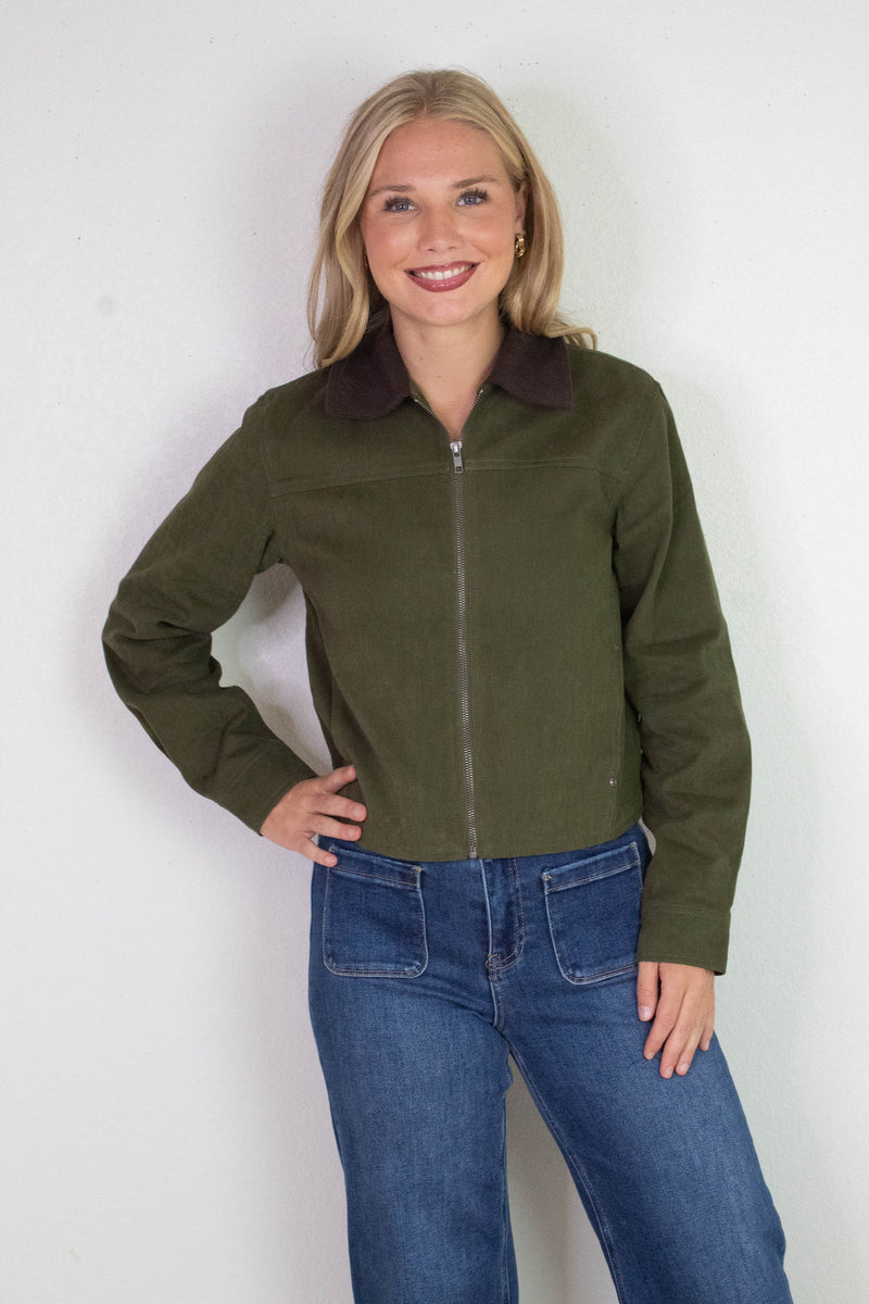 Lyla Contrast Corduroy Collar Bomber Jacket, Dark Olive