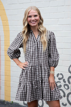 Aspen Three Quarter Sleeve Plaid Dress, Brown