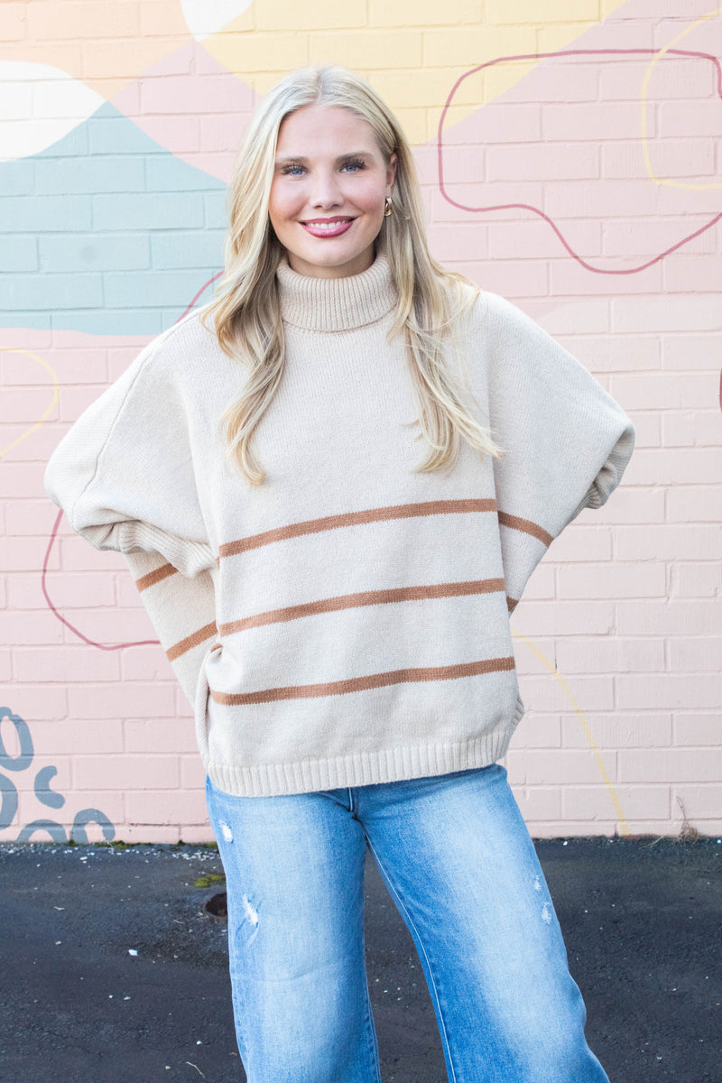 Myra Striped Turtleneck Sweater, Light Taupe