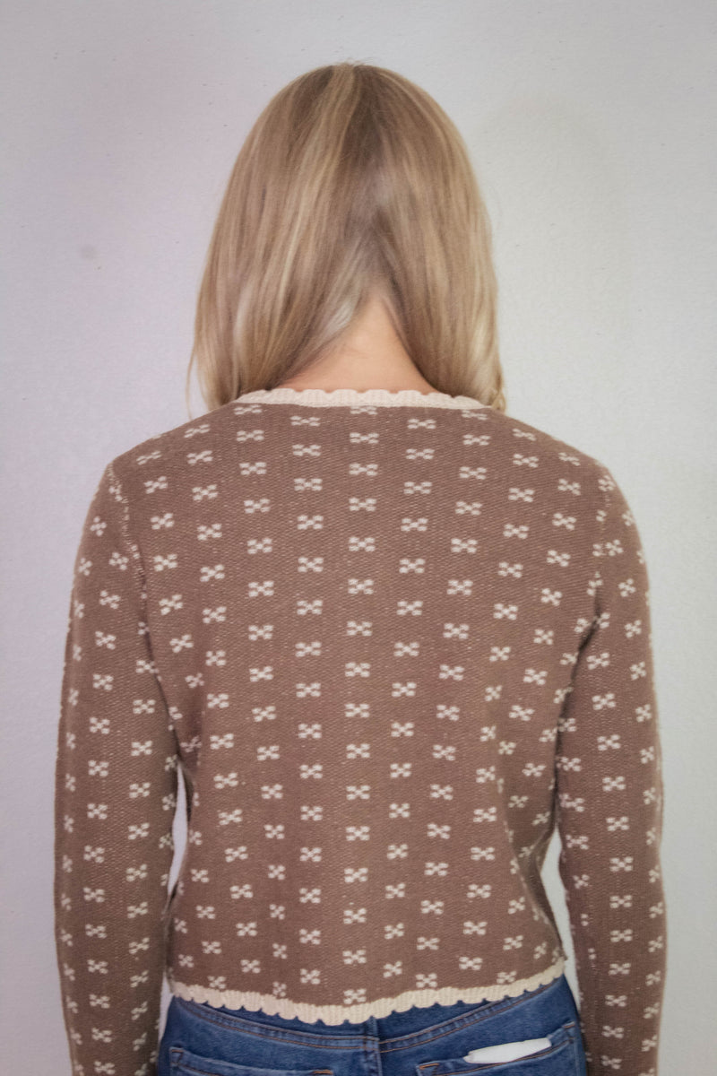 Lia Printed Contrast Scallop Trim Cardigan, Cocoa