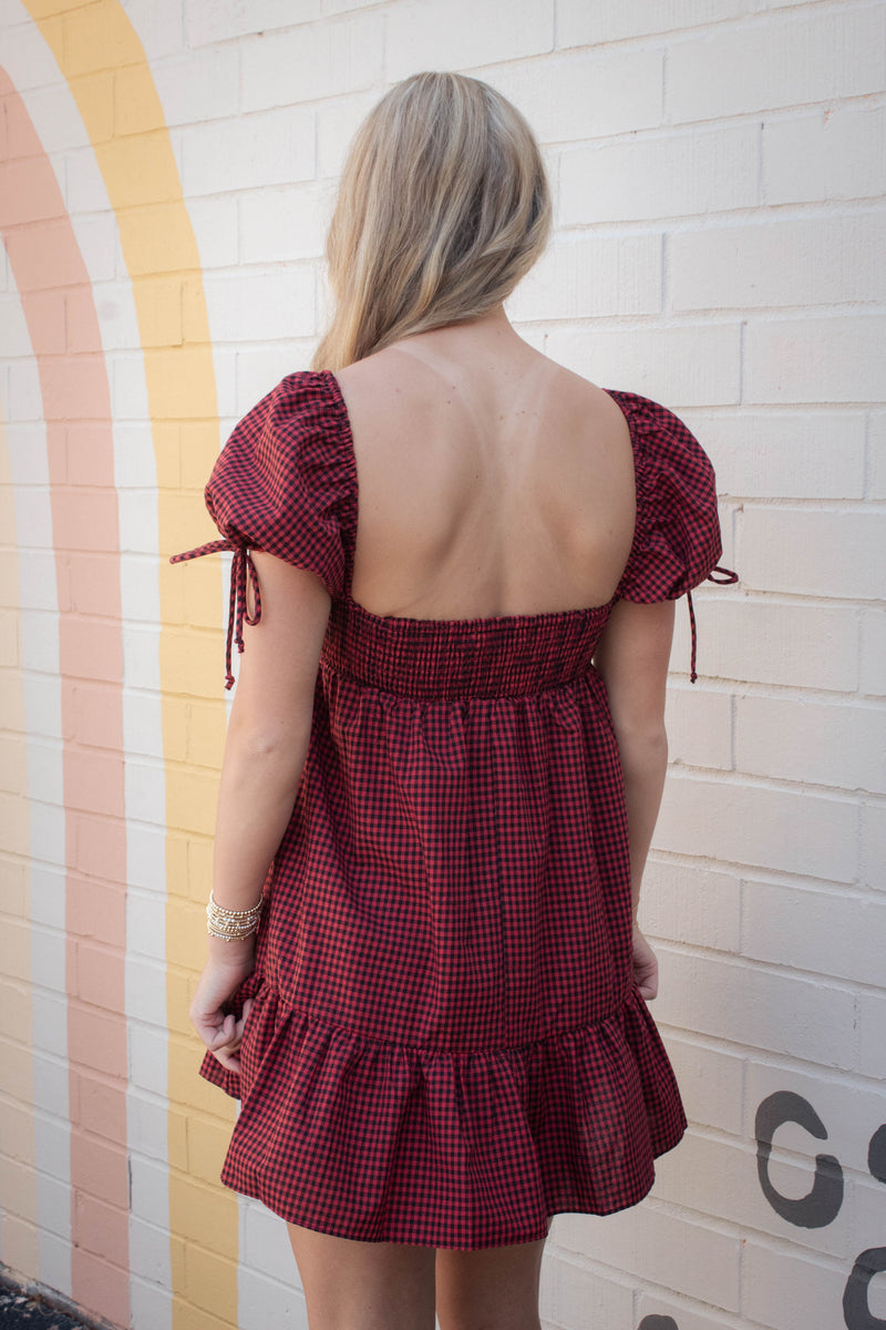 Francine Sweetheart Neck Checkered Dress, Black Red