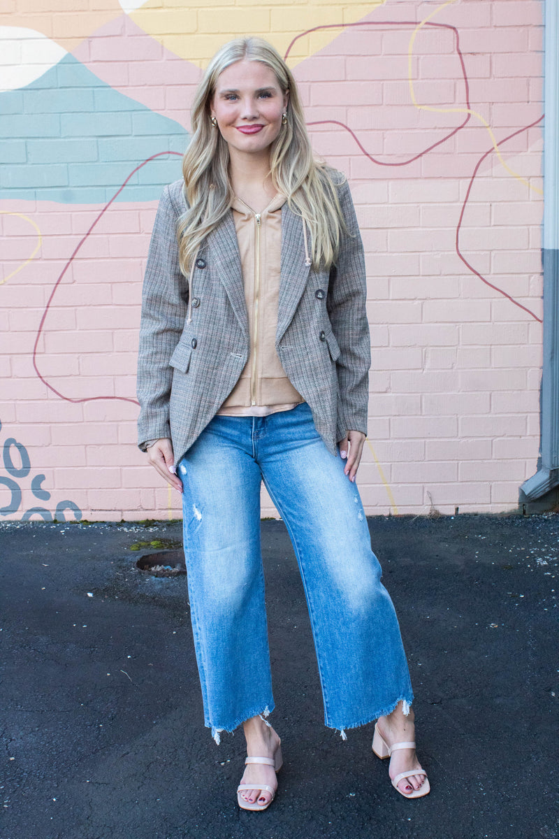 Jovie Herringbone Pattern Hooded Blazer, Tan Combo