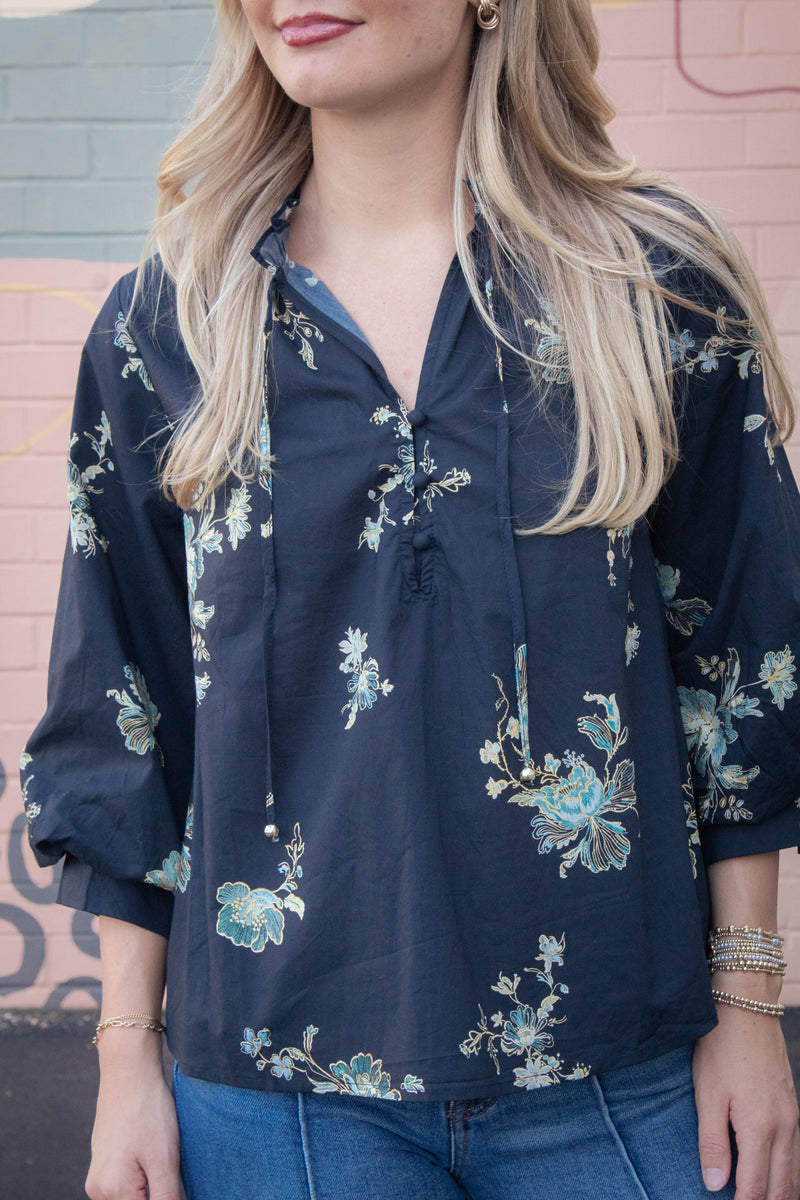 Mila Floral Tie Neck Top, Black