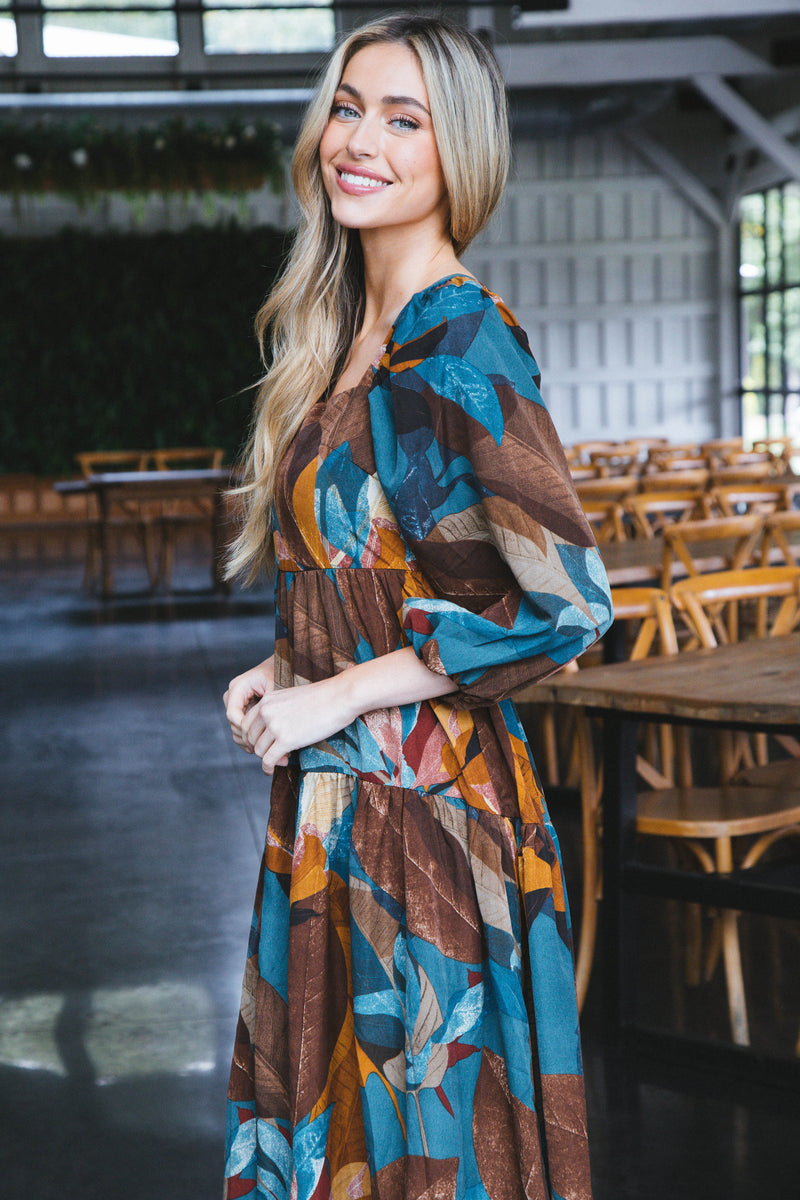 Autumn Nights Tiered Midi Dress, Teal Multi