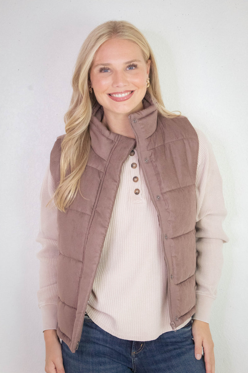 Isabelle Suede Puffer Vest, Cocoa