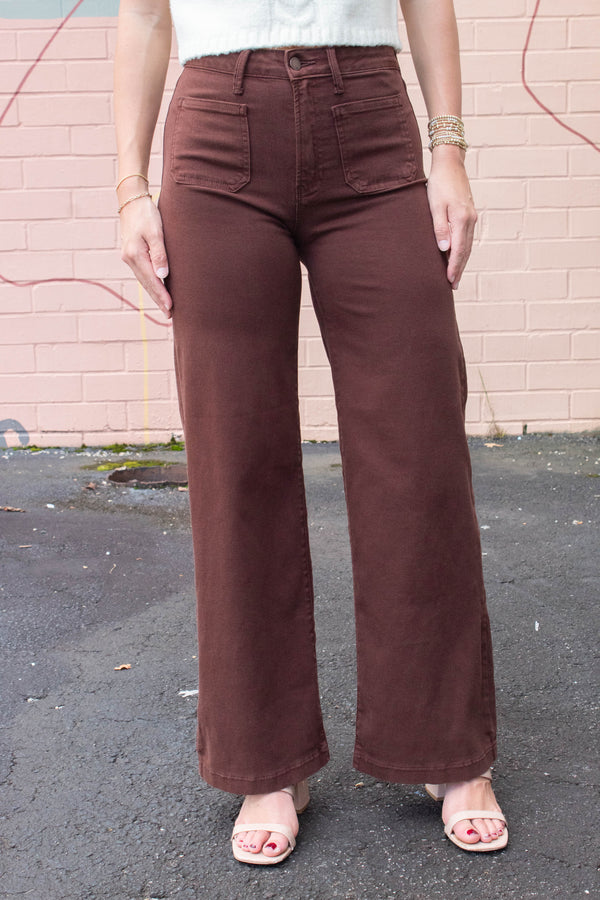 Leah Patch Pocket Wide Leg Jeans, Dark Brown