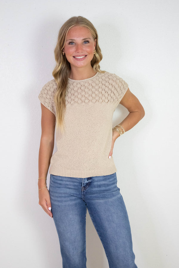 Ruby Eyelet Yoke Sweater Top, Light Khaki