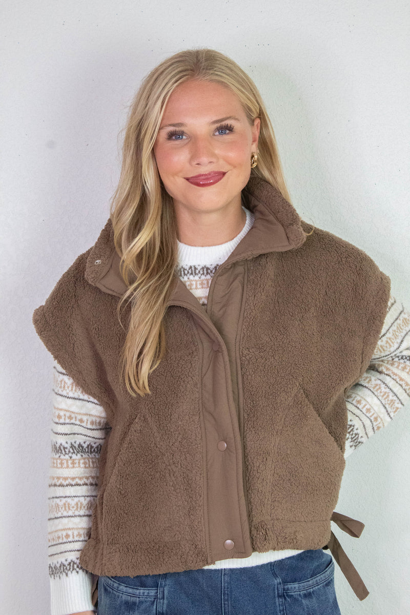 Addison Button Front Faux Fur Vest, Brown