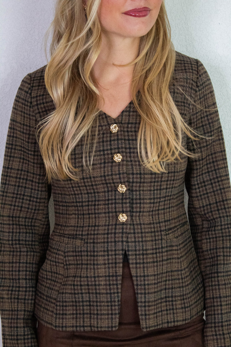 Cassandra Plaid Tweed Blazer, Brown Multi