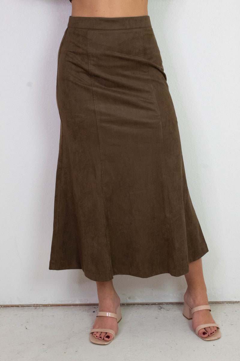Madison Suede Gore Hem Skirt, Dark Oak