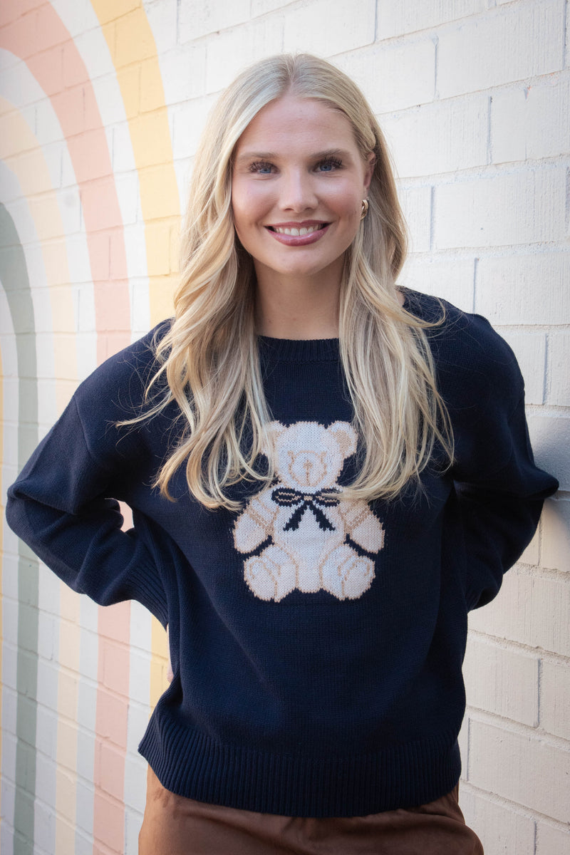 Elle Teddy Bear Graphic Sweater, Navy