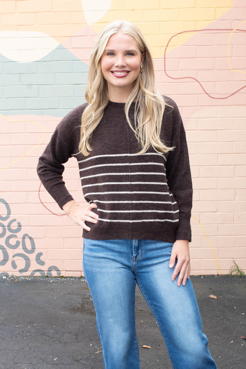 Kyra Striped Seam Detail Sweater, Brown