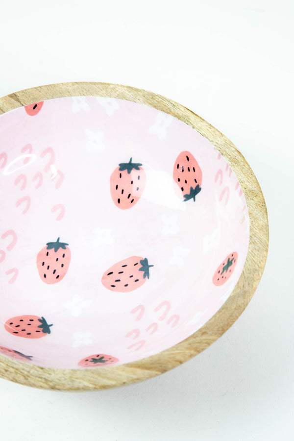Small Enameled Mango Wood Bowl, Pink