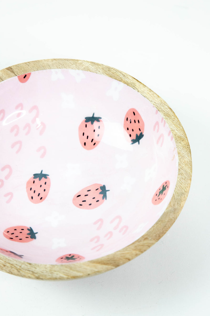 Small Enameled Mango Wood Bowl, Pink