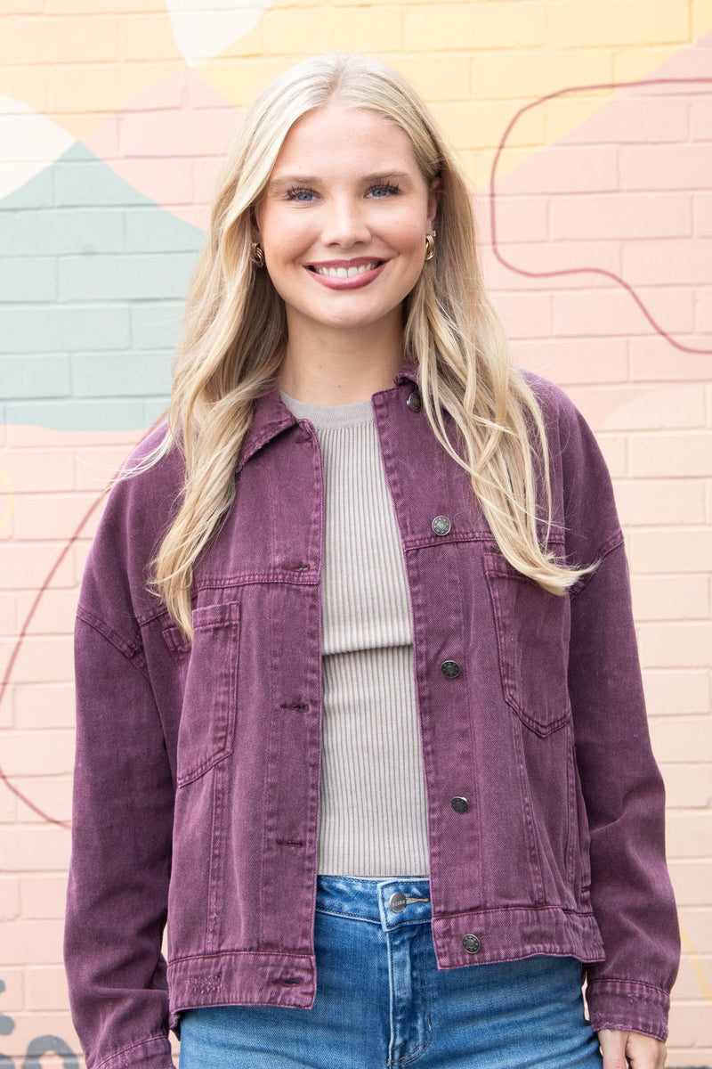Audrey Button Down Denim Jacket, Cherry Lacquer