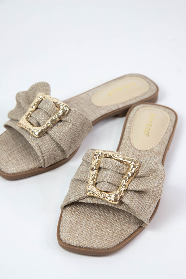 Concept Gold Buckle Slide On Sandal, Beige Linen