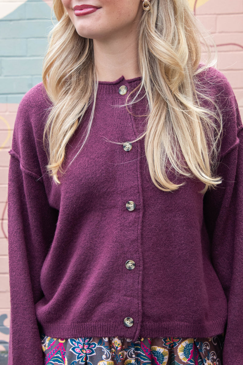 Melina Roll Neck Cardigan, Dark Cherry