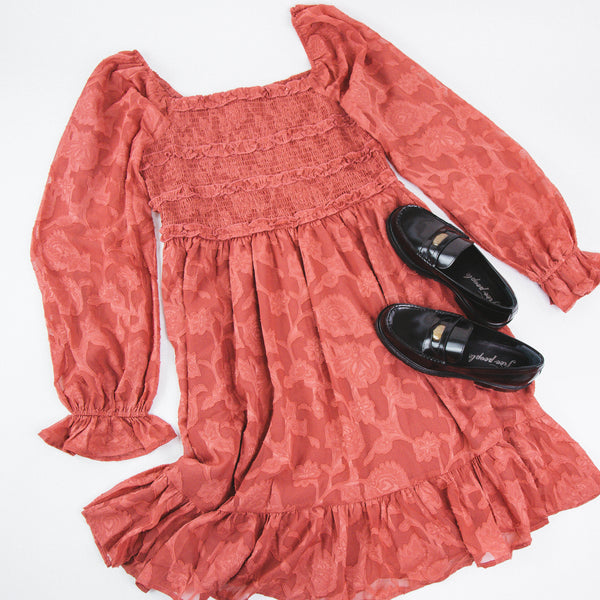 Jacquard Square Neck Smocked Bodice Dress, Terra Cotta  | Plus Size