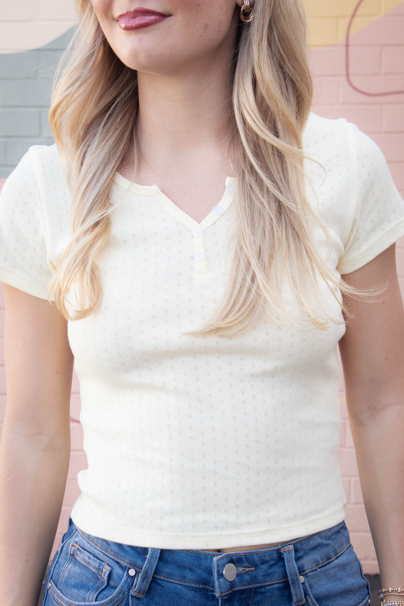 Julia Pointelle Knit Henley Top, Butter