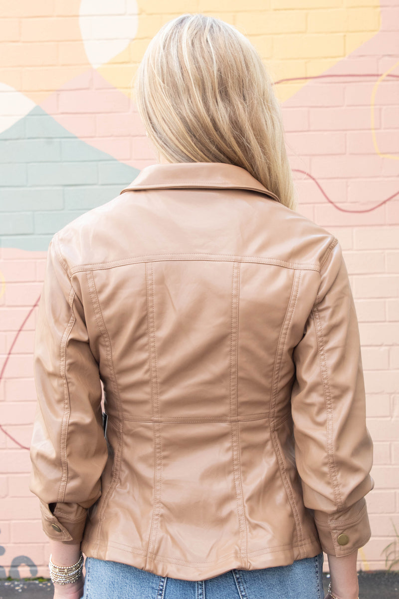 Penelope Faux Leather Peplum Jacket, Camel