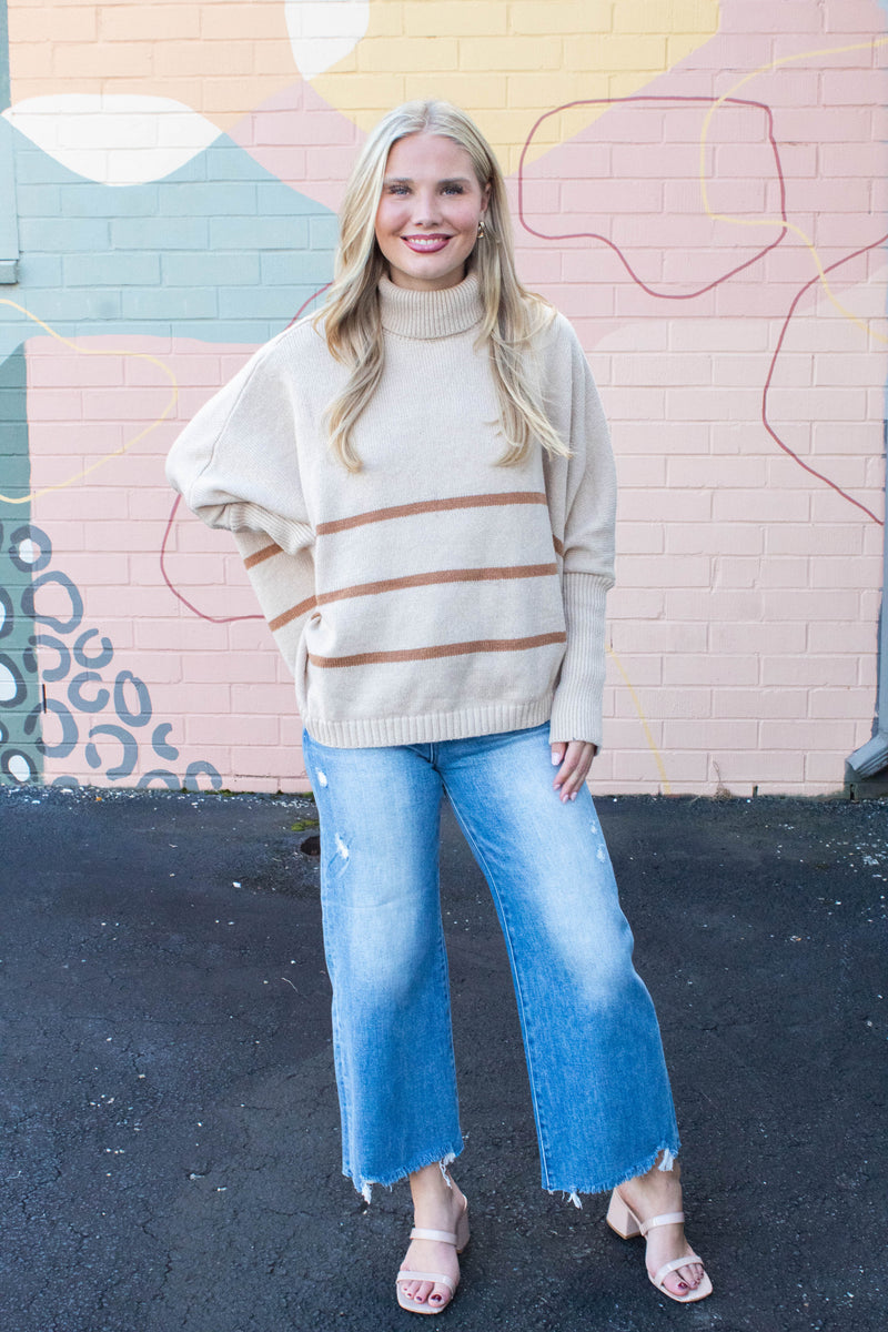 Myra Striped Turtleneck Sweater, Light Taupe