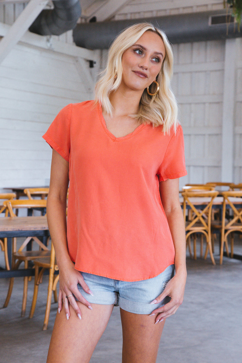 Lanelle Tencel V-Neck Shirt, Deep Sea Coral | Velvet Heart