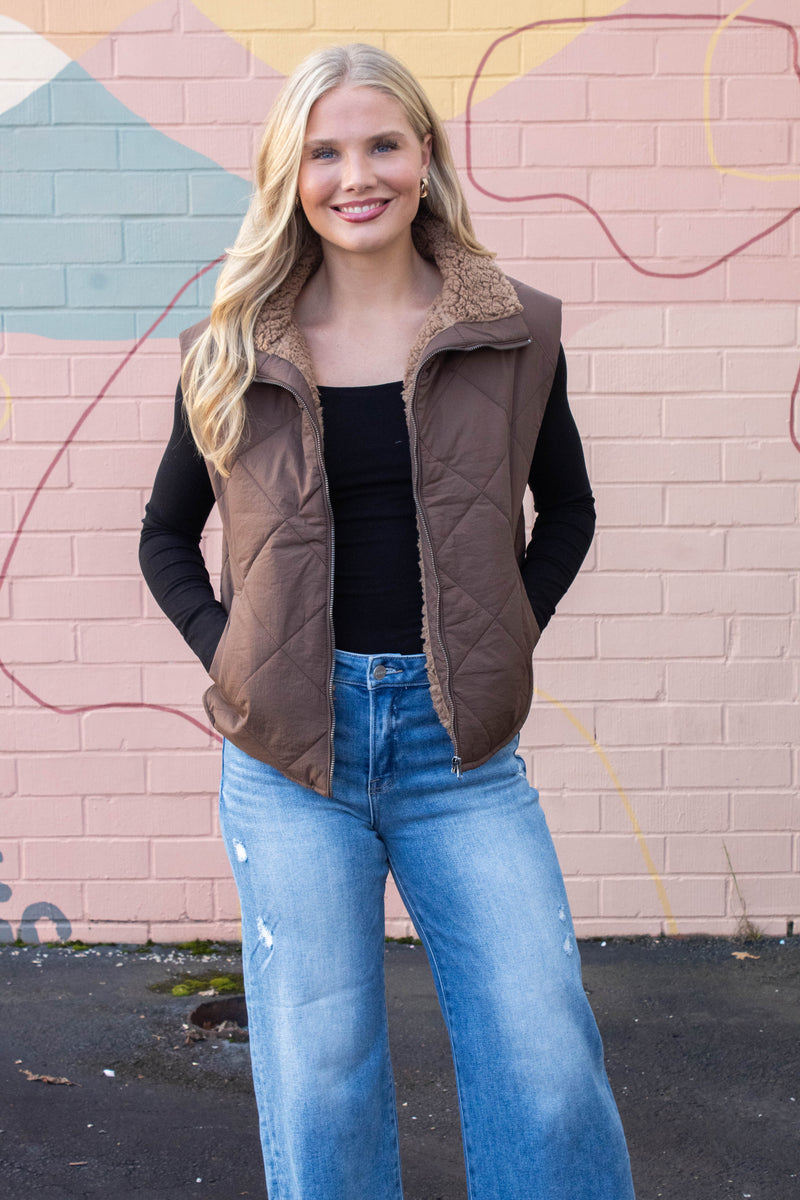 Raelynn Quilted Fleece Lined Vest, Dark Brown