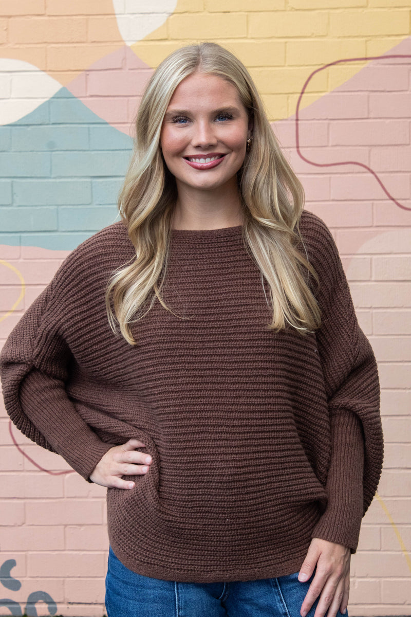 Lily Batwing Boat Neck Sweater, Brown