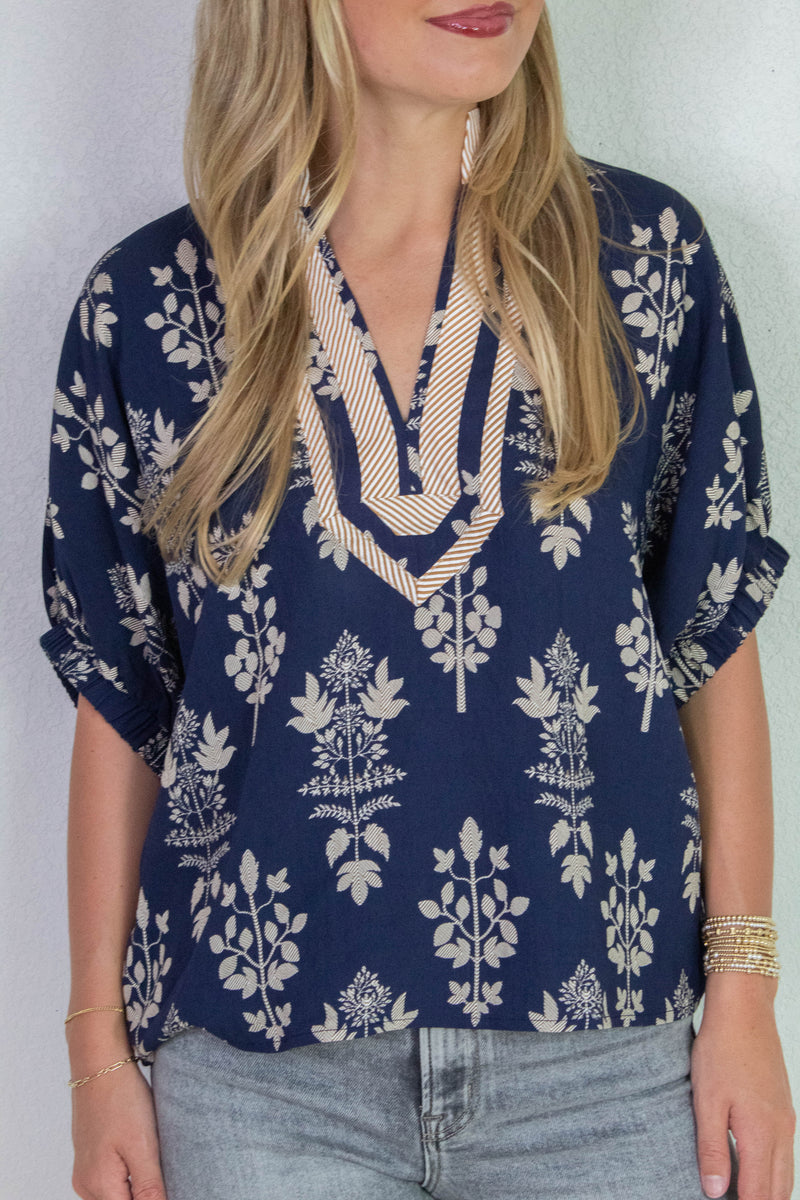 Esther Botanical Print Top, Navy