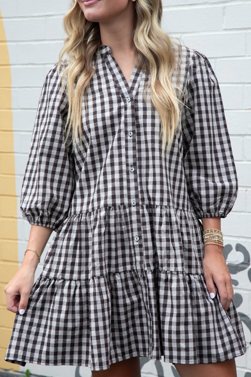 Aspen Three Quarter Sleeve Plaid Dress, Brown