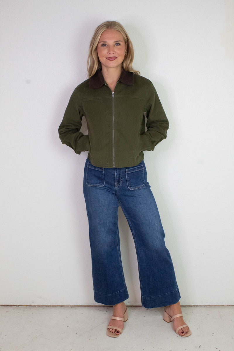 Lyla Contrast Corduroy Collar Bomber Jacket, Dark Olive