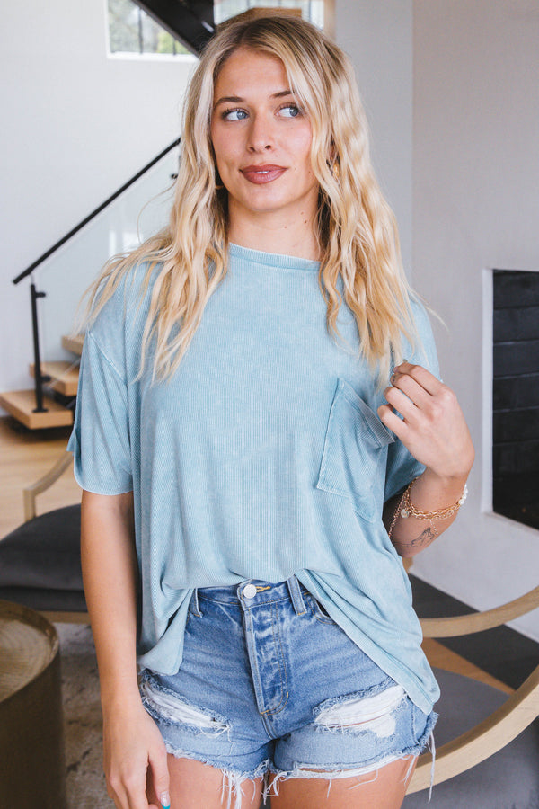 Mackenzie Ribbed Pocket Front Top, Dusty Teal