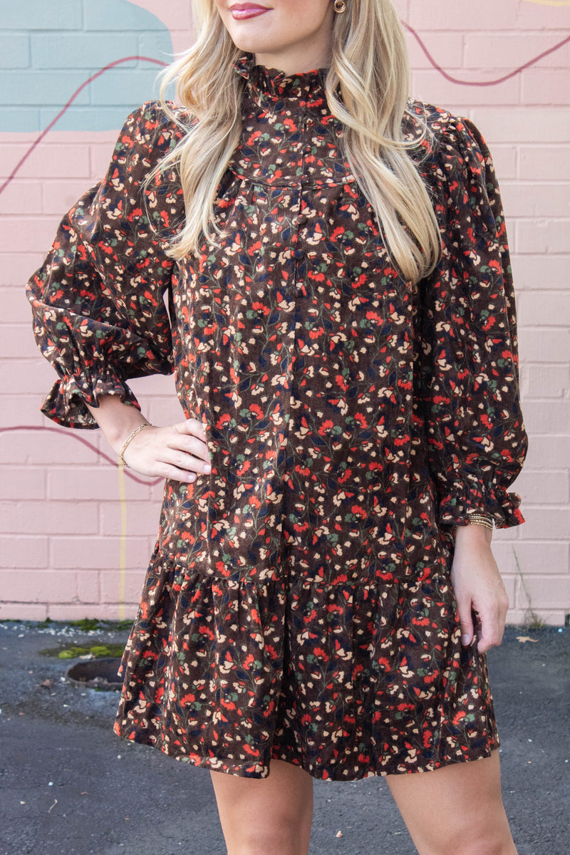 Arianna Corduroy Printed Dress, Chocolate Mix