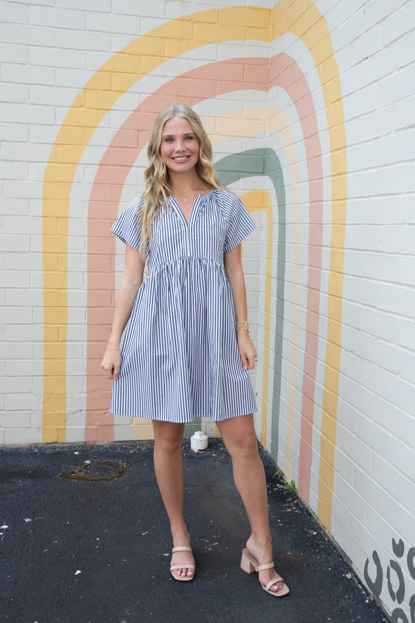 Aliza Striped Split Neck Babydoll Dress, Blue/Ivory