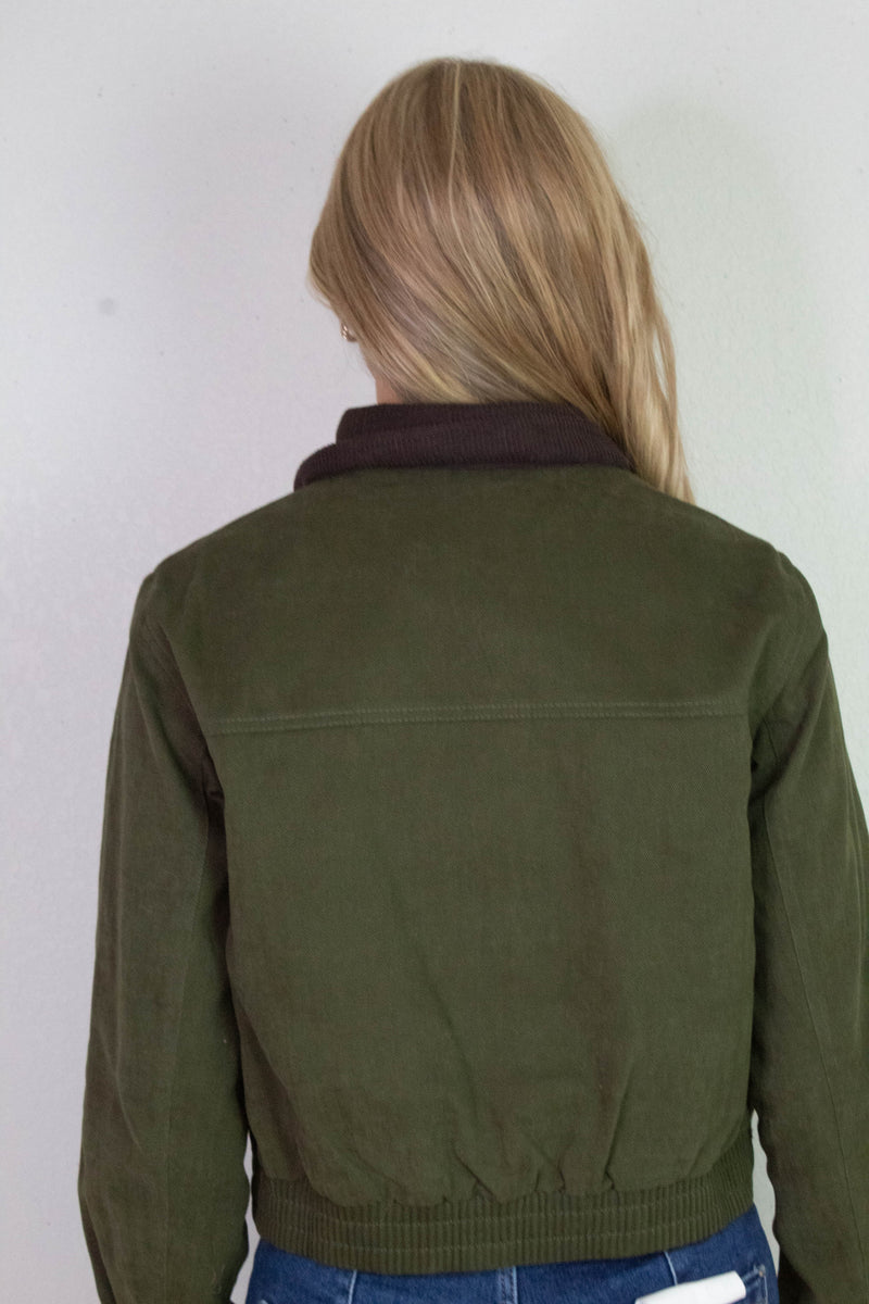 Lyla Contrast Corduroy Collar Bomber Jacket, Dark Olive