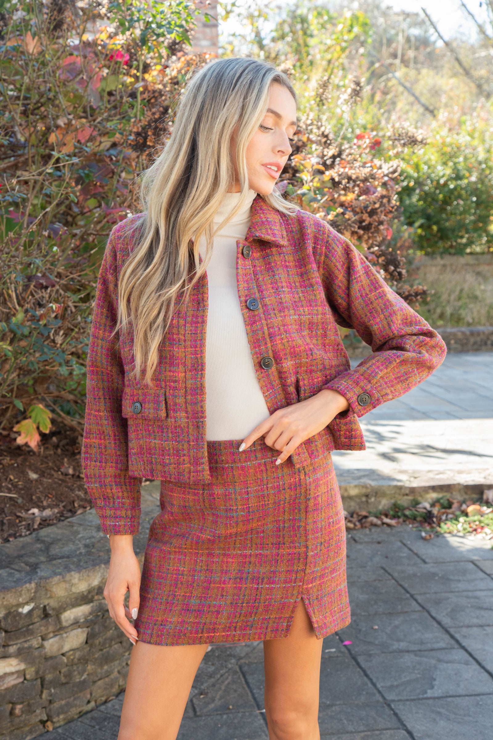 Kiah Tweed Mini Skirt, Plum/Camel – North & Main Clothing Company