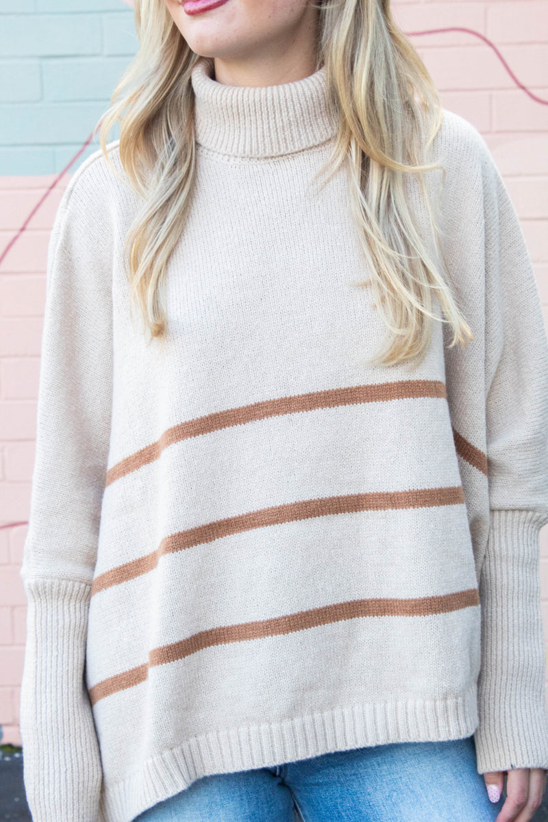 Myra Striped Turtleneck Sweater, Light Taupe
