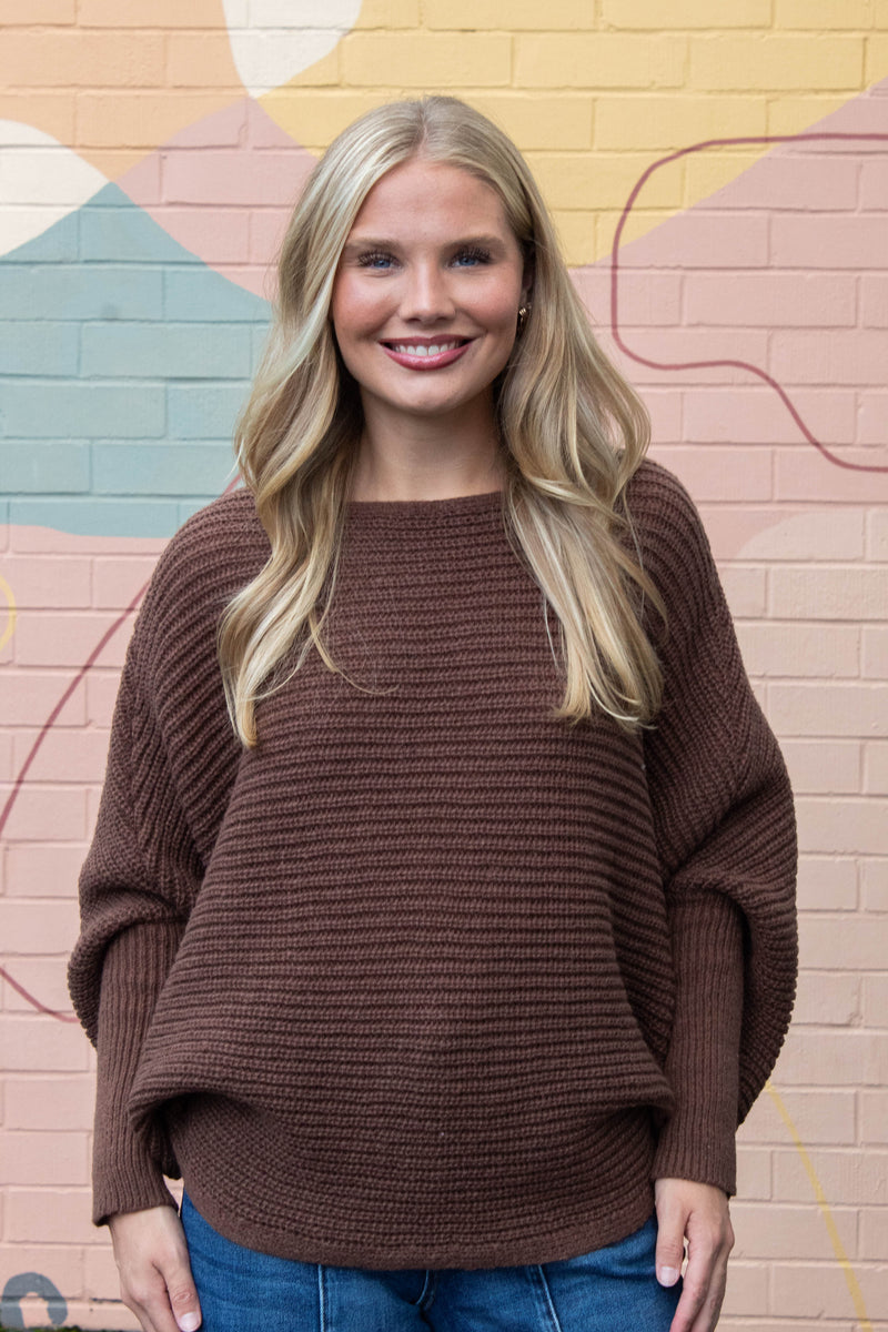 Lily Batwing Boat Neck Sweater, Brown
