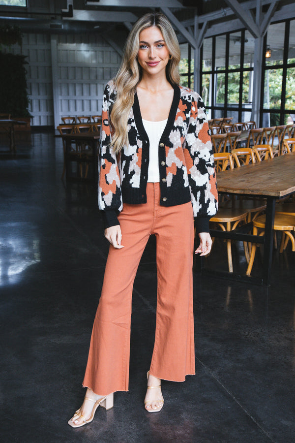 Casey Printed Button Up Cardigan, Black-Brown