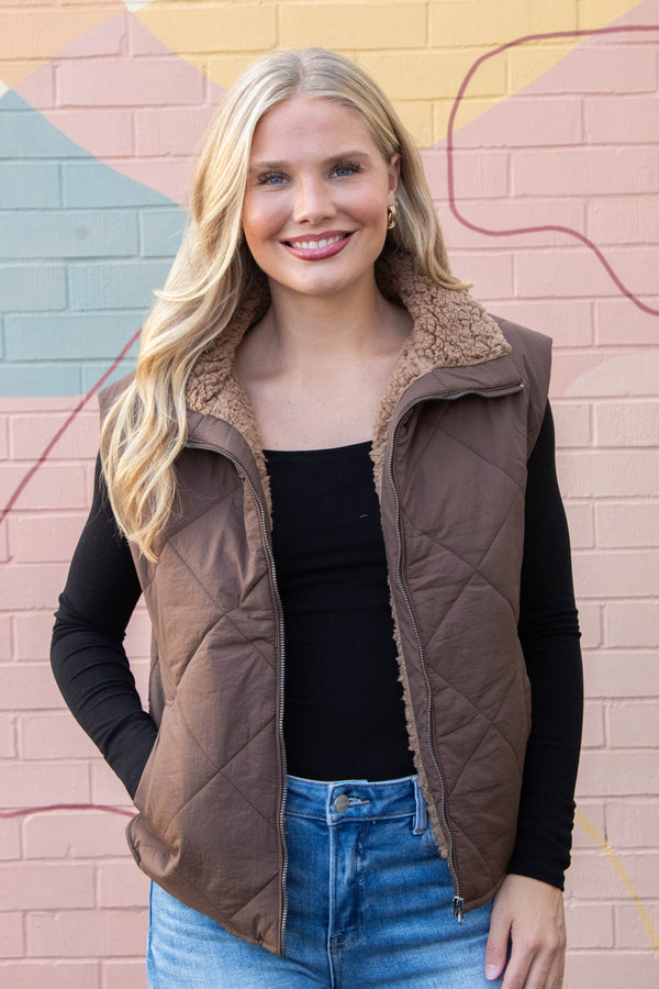 Raelynn Quilted Fleece Lined Vest, Dark Brown