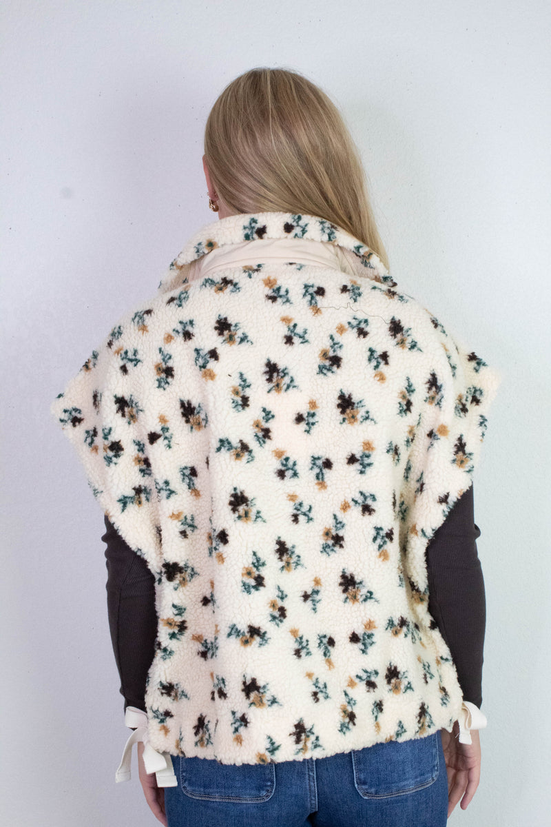 Naomi Floral Oversized Sherpa Vest, Ivory Multi