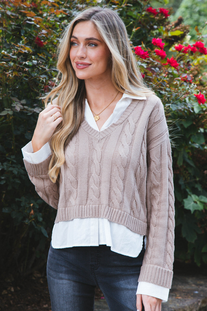 Varsity Girl Cableknit Sweater, Taupe